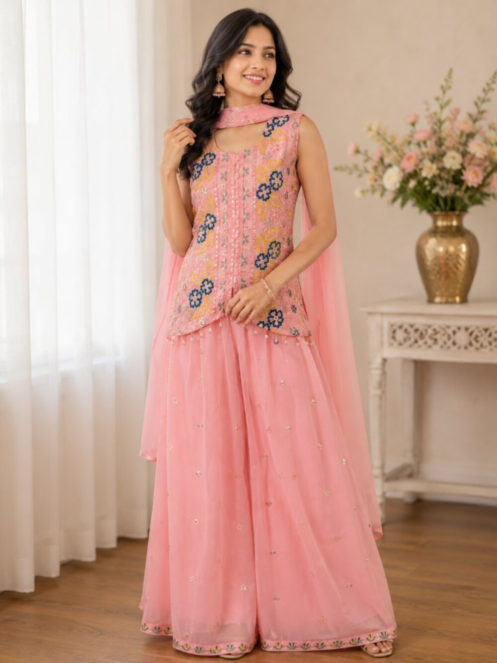 Girls Peach Pink Embroidered Palazzo Suit Set | Floral Kurta, Pants & Dupatta